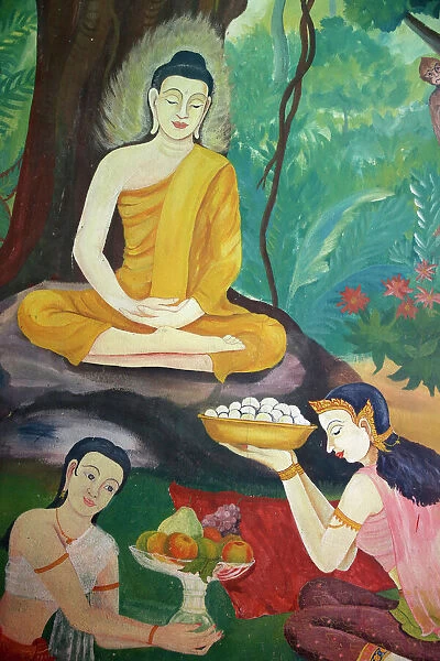 Fresco depicting food offerings to the Buddha in Wat Ampharam, Hua Hin, Thailand