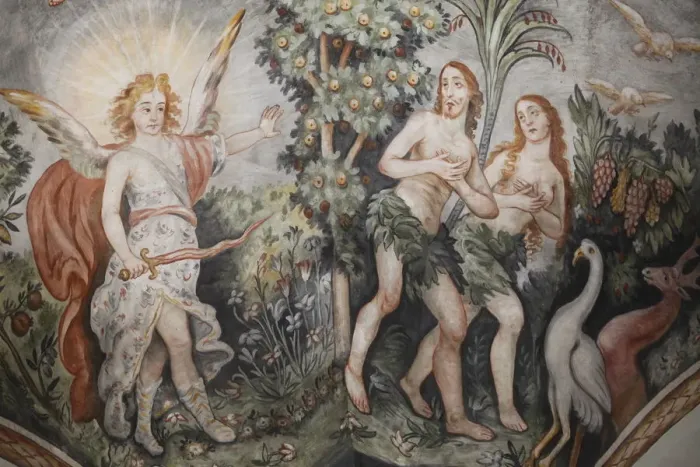 Framed Print : Fresco of the Expulsion of Adam and Eve from the Garden of Eden in Maglie church, Lecce Framed Print : Fresco of the Expulsion of Adam and Eve from the Garden of Eden in Maglie church, Lecce