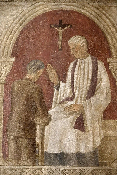 Fresco of Holy Confession in Sainte Genevieves Cathedral, Nanterre, Hauts-de-Seine