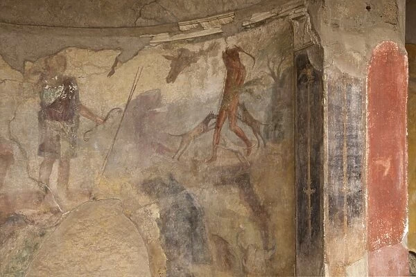 Fresco of hunting scene in House of the Menander, Pompeii, UNESCO World Heritage Site