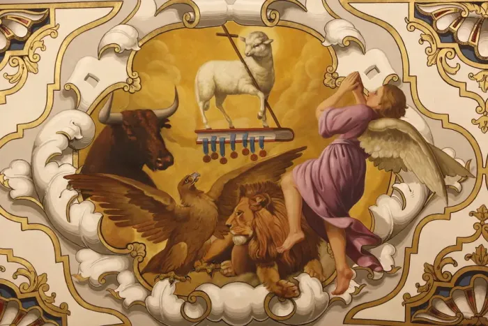 Framed Print : Fresco of Lamb of God and Evangelists in Nuestra Senora de la Esperanza church Framed Print : Fresco of Lamb of God and Evangelists in Nuestra Senora de la Esperanza church