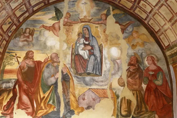 Framed Print : Fresco of Marys Coronation in the Cripta del Crocefisso (Crypt of the Crucifix) Framed Print : Fresco of Marys Coronation in the Cripta del Crocefisso (Crypt of the Crucifix)