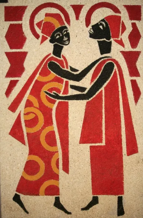 Framed Print : Fresco of the Visitation, designed and painted in 1963 by Dom Georges Saget Framed Print : Fresco of the Visitation, designed and painted in 1963 by Dom Georges Saget