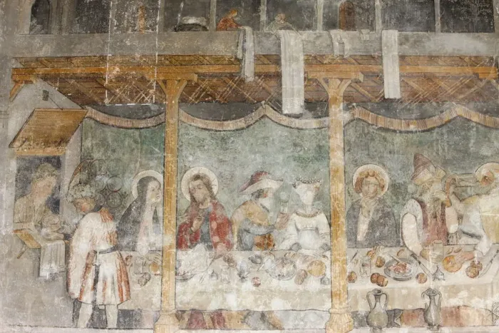Framed Print : Fresco of the Wedding at Cana, Abondance abbey church, Abondance, Haute Savoie, France Framed Print : Fresco of the Wedding at Cana, Abondance abbey church, Abondance, Haute Savoie, France