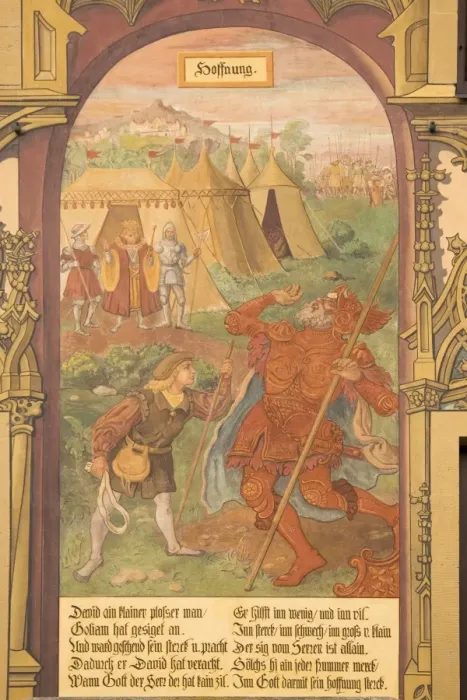 Framed Print : Detail from frescoes dating from 1540 on facade of the 14th century Town Hall Framed Print : Detail from frescoes dating from 1540 on facade of the 14th century Town Hall