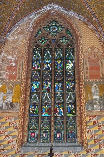Frescoes and window showing life of Virgin Mary in Matthias Church (Matyas-Templom), UNESCO World Heritage Site, Buda, Budapest, Hungary, Europe