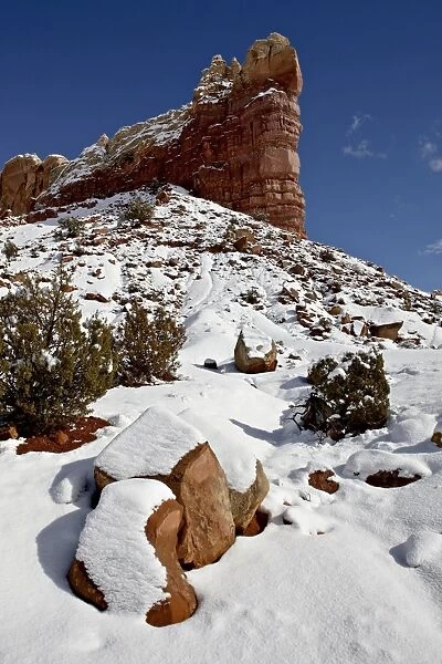 Fresh snow on red rock formations, Carson National Forest, New Mexico, United States of America