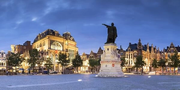 Friday Market Square at dusk, Ghent, Flanders, Belgium, Europe