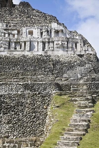 Frieze and steps up to the 130ft high El Castillo, Mayan site, Xunantunich