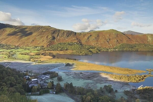 Frosty autumn morning in Borrowdale, Maiden Moor and Catbells from Surprise view above Lodore hotel