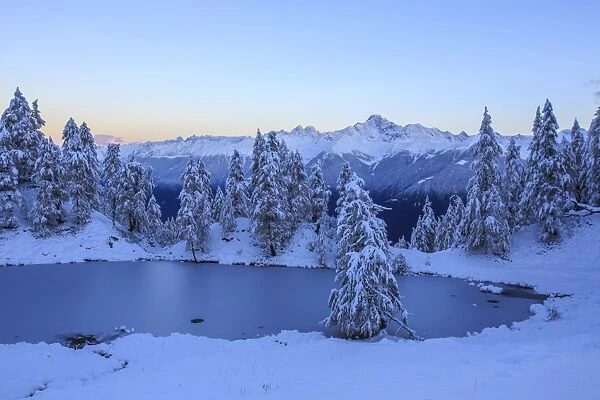 The frozen Casera Lake in autumn. Livrio Valley, Orobie Alps, Valtellina, Lombardy