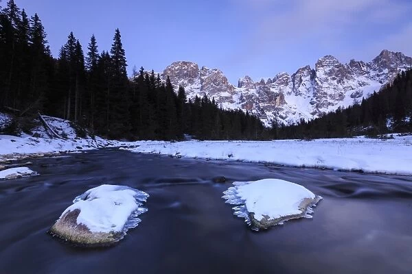 A frozen creek under a cold winter sky, Venagia Valley, Panaveggio Natural Park, Dolomites