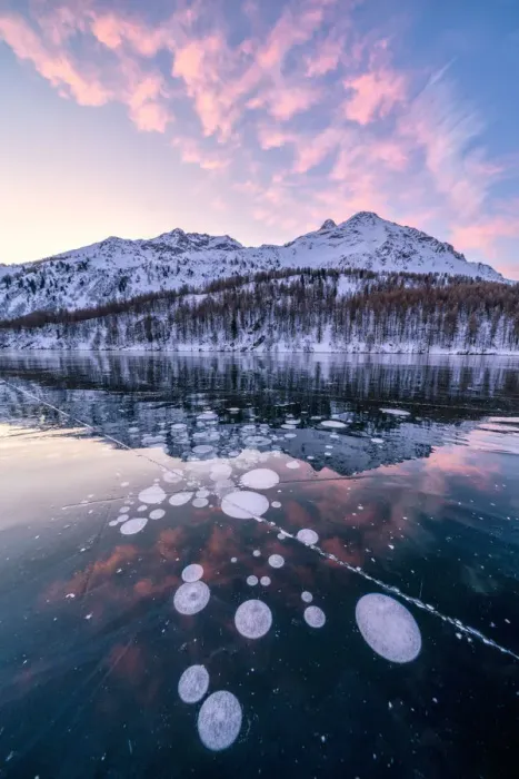 Framed Print : Frozen Lake Sils at sunrise with Piz Da La Margna in background, Engadine Framed Print : Frozen Lake Sils at sunrise with Piz Da La Margna in background, Engadine