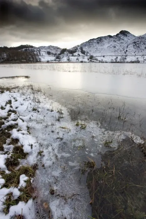 Framed Print : Frozen Little Langdale Tarn and snow-covered fells, near Ambleside, Lake District National Park