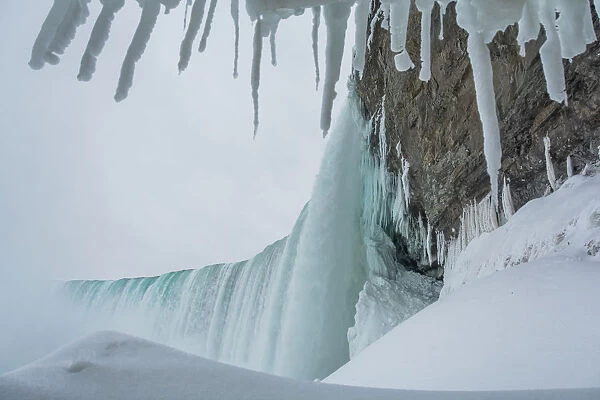 Frozen Niagara Falls, view from beneath the falls, Ontario, Canada, North America