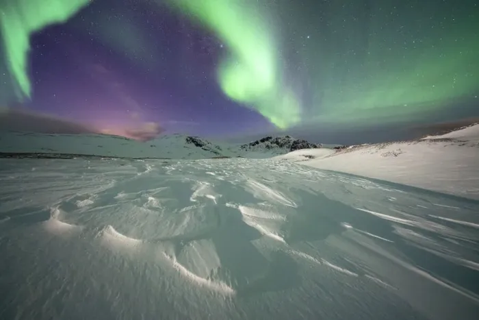 Framed Print : Frozen snow lit by green lights of the Northern Lights (Aurora Borealis Framed Print : Frozen snow lit by green lights of the Northern Lights (Aurora Borealis