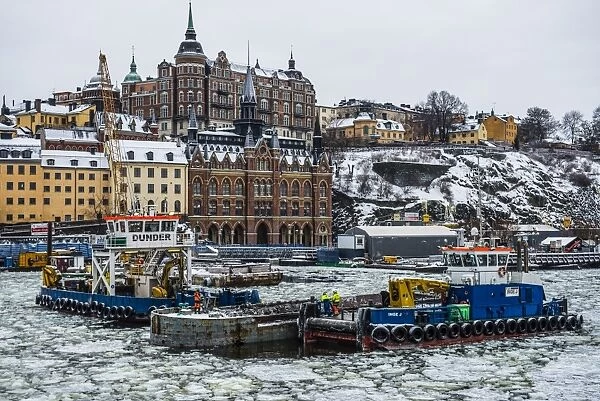 Frozen waterway in the old quarter of Stockholm, Sweden