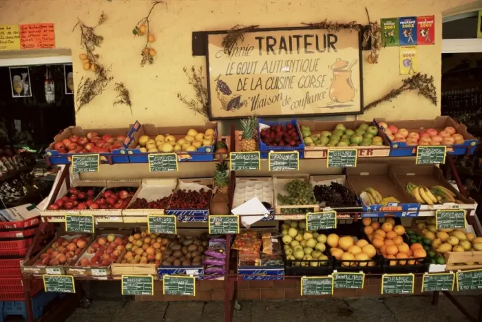 Framed Print : Fruit displayed outside shop, Calvi, Corsica, France, Europe Framed Print : Fruit displayed outside shop, Calvi, Corsica, France, Europe