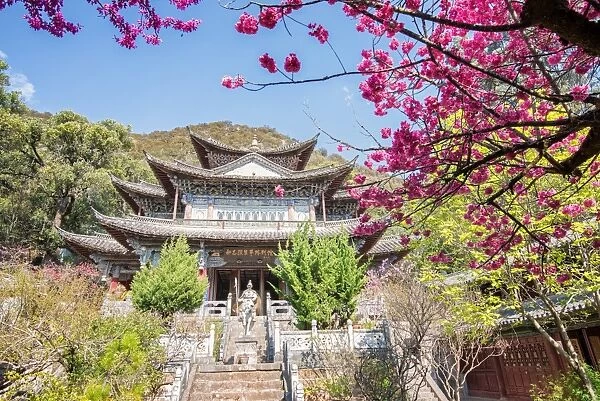 Fu Guo Temple, Five Phoenix Building (formerly Buddhist Cloud Building) in spring, Lijiang, Yunnan, China, Asia