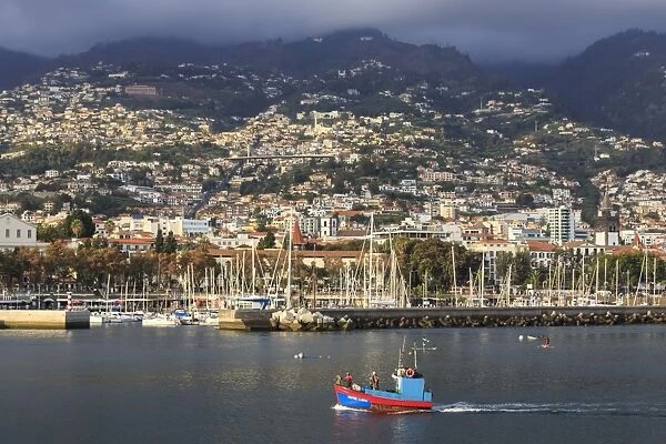 Funchal town from sea with fishing boat, lit by evening sun with foggy mountain backdrop