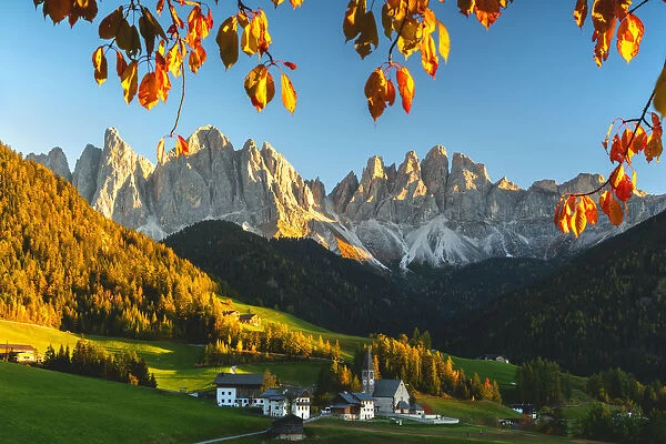 Funes valley, Santa Maddalena and the group of Odle in Trentino Alto Adige at Sunset