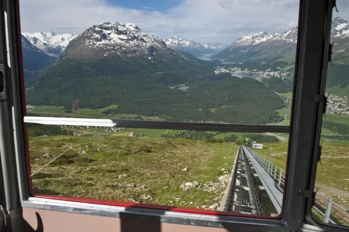 Framed Print : Funicular to the top of Muottas Muragl near St. Moritz, Switzerland, Europe Framed Print : Funicular to the top of Muottas Muragl near St. Moritz, Switzerland, Europe