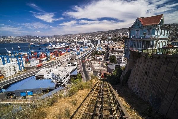 Funicular train 21 de Mayo (May 21st) and Valparaiso Port on Artillery Hill, Valparaiso Province
