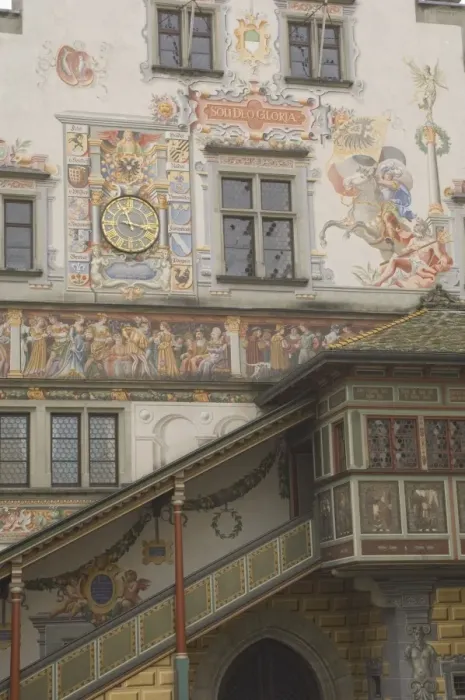 Framed Print : Gable detail with murals and stairway Framed Print : Gable detail with murals and stairway