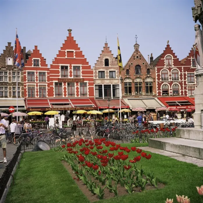 Framed Print : Gabled buildings and restaurants, Bruges, Belgium, Europe Framed Print : Gabled buildings and restaurants, Bruges, Belgium, Europe