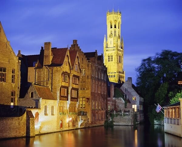 Gabled Houses and 13th c. Belfry along the canals, Bruges, Belgium