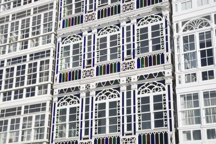 Framed Print : Galerias (glass-fronted balconies) on Marina Avenue, La Coruna City, Galicia