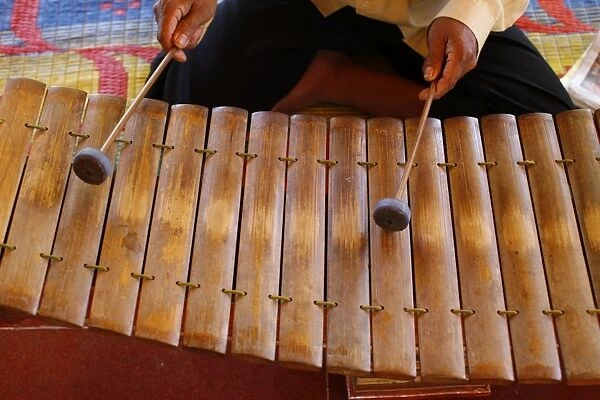 Gamelan instruments in a Cambodian pagoda, Siem Reap, Cambodia, Indochina