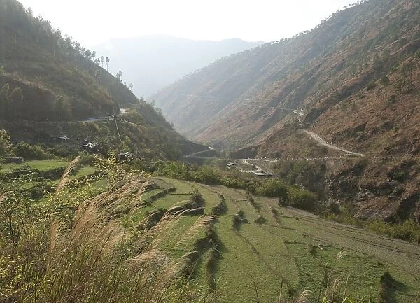 Gamri Chhu River running through the Trashigang Valley past terraced hills of rice fields