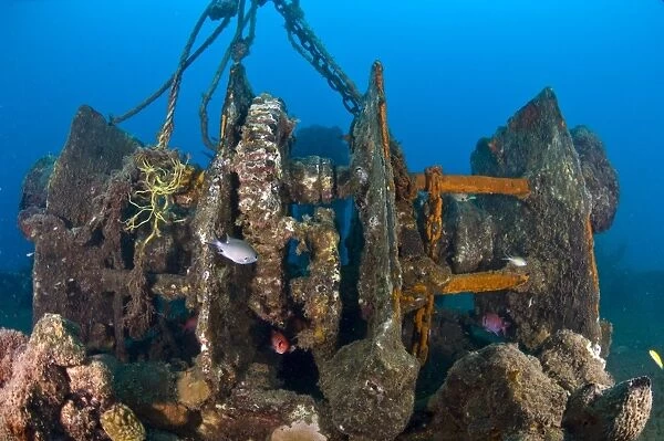 Gantry gear on the deck of the wreck of the Lesleen M, a freighter sunk as an artificial reef in 1985 off Anse Cochon Bay, St. Lucia, West Indies, Caribbean, Central America