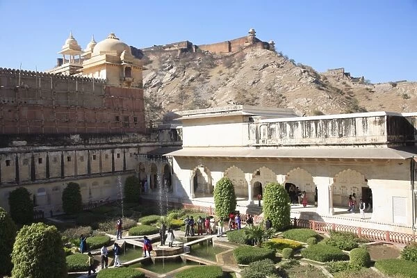 Garden, Amber Fort Palace with Jaigarh Fort or Victory Fort above, Jaipur
