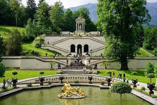 Gardens at the Palace of Linderhof, King Ludwig the Seconds royal villa, Bavaria, Germany, Europe