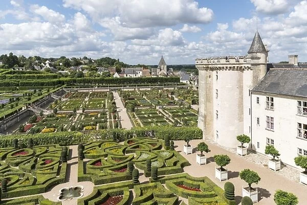 The gardens of Villandry castle from above, Villandry, UNESCO World Heritage Site