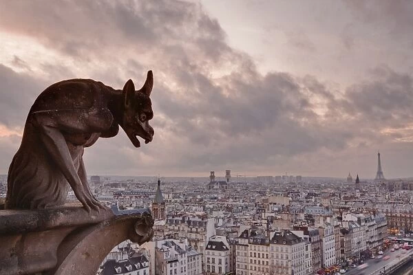 A gargoyle on Notre Dame de Paris cathedral looks over the city, Paris, France, Europe