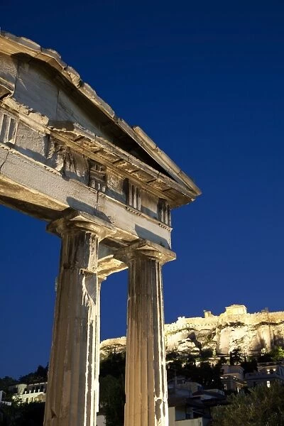 Gate of Athena Archegetis and the Acropolis at night, UNESCO World Heritage Site, Athens, Greece, Europe