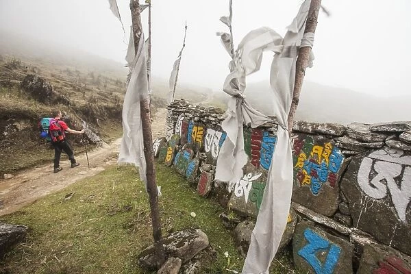 Gateway to Nepal with flags and Buddhist inscriptions near the village of Tumling
