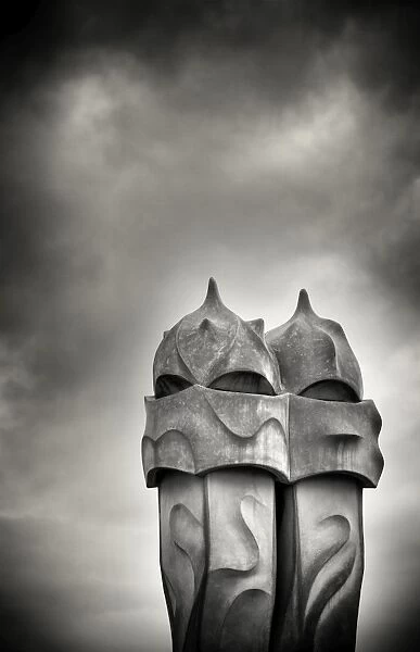 Gaudi chimneys on roof of Casa Mila (La Pedrera), UNESCO World Heritage Site, Barcelona