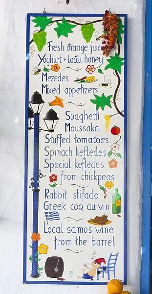 Geek taverna menu board, Vourliotes, Samos, Aegean Islands, Greece