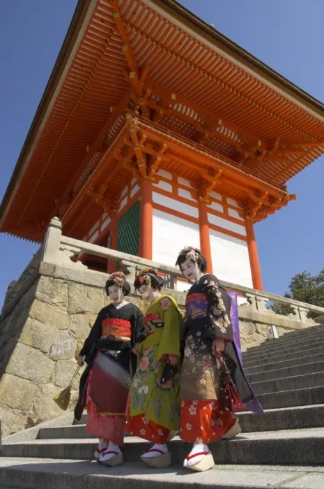 Framed Print : Three geishas in traditional dress walking down steps Framed Print : Three geishas in traditional dress walking down steps