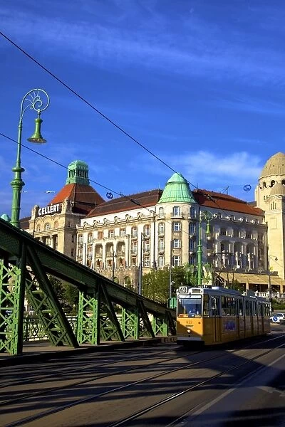 Gellert Hotel and Spa, Liberty Bridge and tram, Budapest, Hungary, Europe