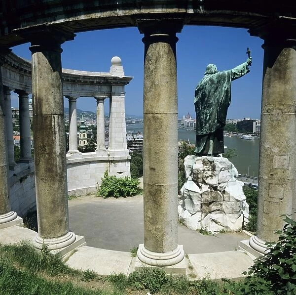 Gellert Monument with view over River Danube and city, Gellert Hill, Budapest, Hungary, Europe