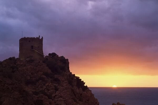 Genoese tower at sunset, Porto, Corsica, France, Mediterranean, Europe