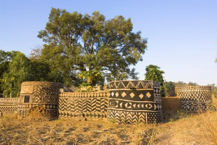 Framed Print : Geometric designs painted on traditional houses in small village in Tiebele area of Burkina Faso Framed Print : Geometric designs painted on traditional houses in small village in Tiebele area of Burkina Faso