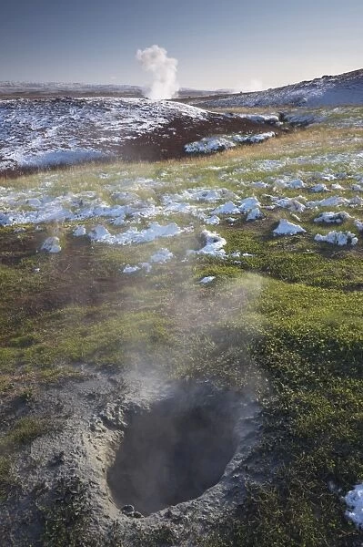 Geothermal activity of mudpots, geysers, and hot springs, at Geysir, Haukadalur valley