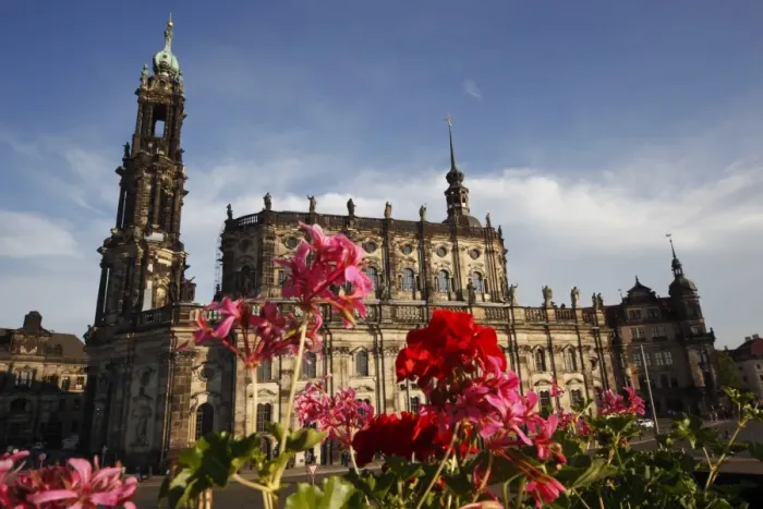 Framed Print : Geraniums in front of Hofkirche (St. Trinity Cathedral), Old Town, Dresden Framed Print : Geraniums in front of Hofkirche (St. Trinity Cathedral), Old Town, Dresden