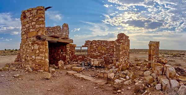 The ghostly remains of an old stone tower in the ghost town of Two Guns, Arizona